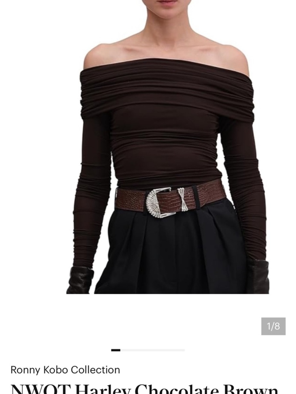 Ronny Kobo Collection Off-Shoulder Chocolate Brown Ruched Top